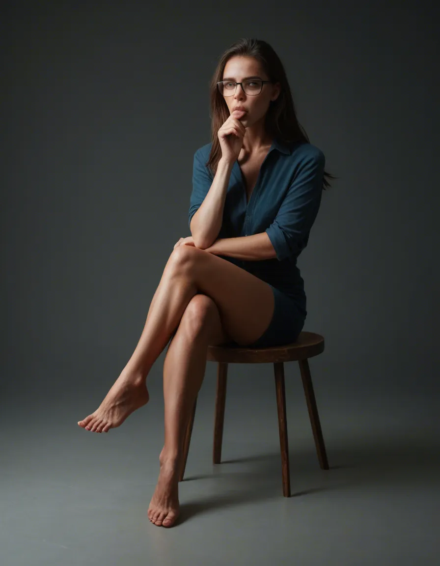 best quality, hyperrealistic, solo, glasses, bow, crossed legs, blowjob, full body, natural skin texture, score_9, score_8, candid photo, realistic skin texture, visible skin pores, film grain, depth of field