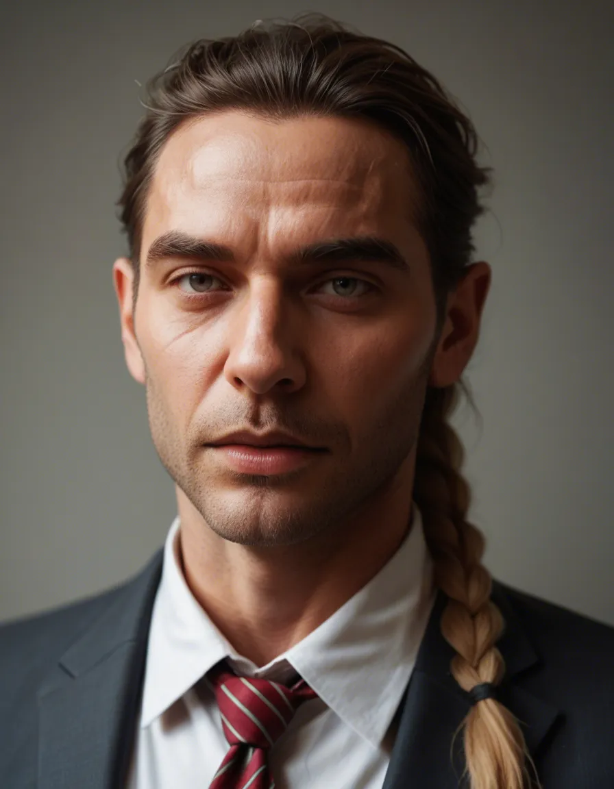 professional photo, high detail, 1boy, single braid, ribbon, fully nude, dslr quality, score_9, score_8, candid photo, realistic skin texture, visible skin pores, film grain, depth of field