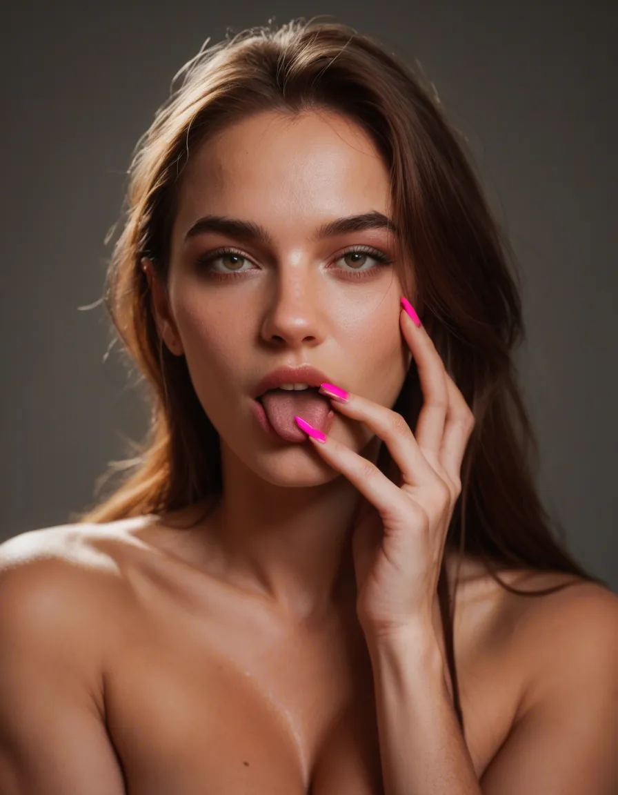 Sexy girl with pink nails and her tongue is out, score_9, score_8, candid photo, realistic skin texture, visible skin pores, film grain, depth of field