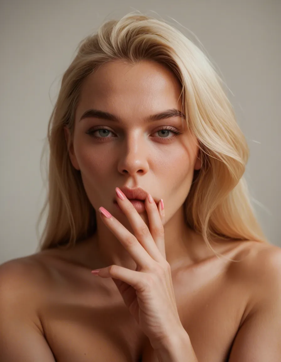 Sexy woman blonde hair sucking her fingers pink fingernails, score_9, score_8, candid photo, realistic skin texture, visible skin pores, film grain, depth of field