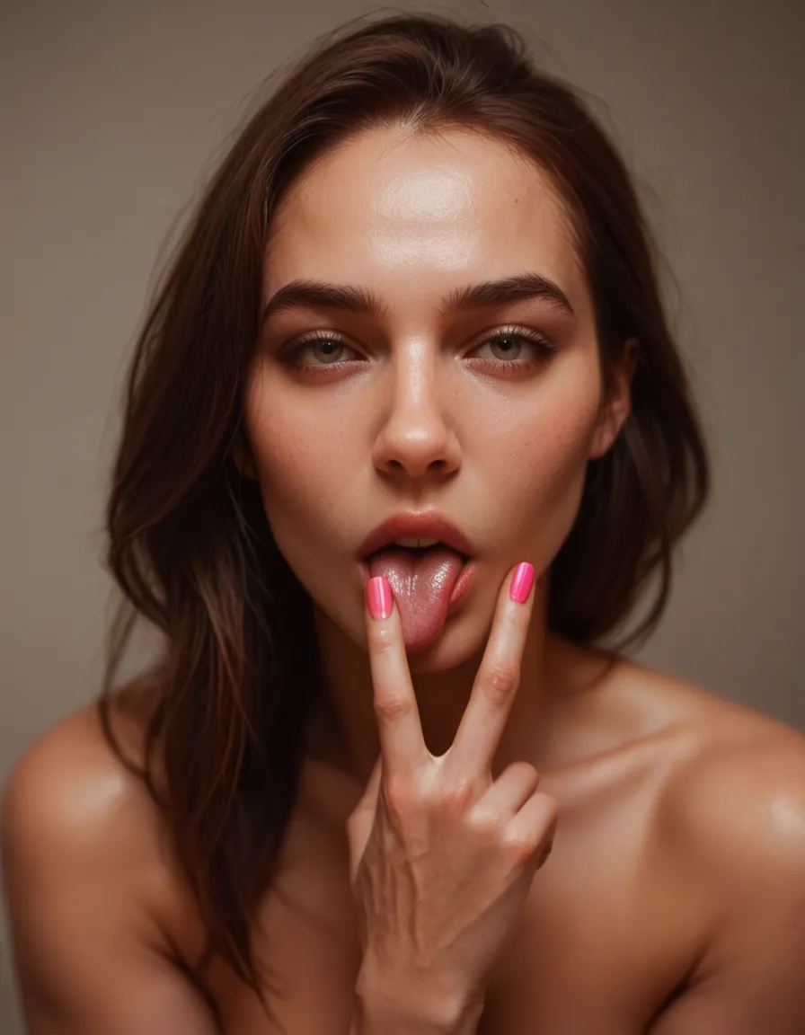 Sexy woman licking her finger with pink fingernails, score_9, score_8, candid photo, realistic skin texture, visible skin pores, film grain, depth of field