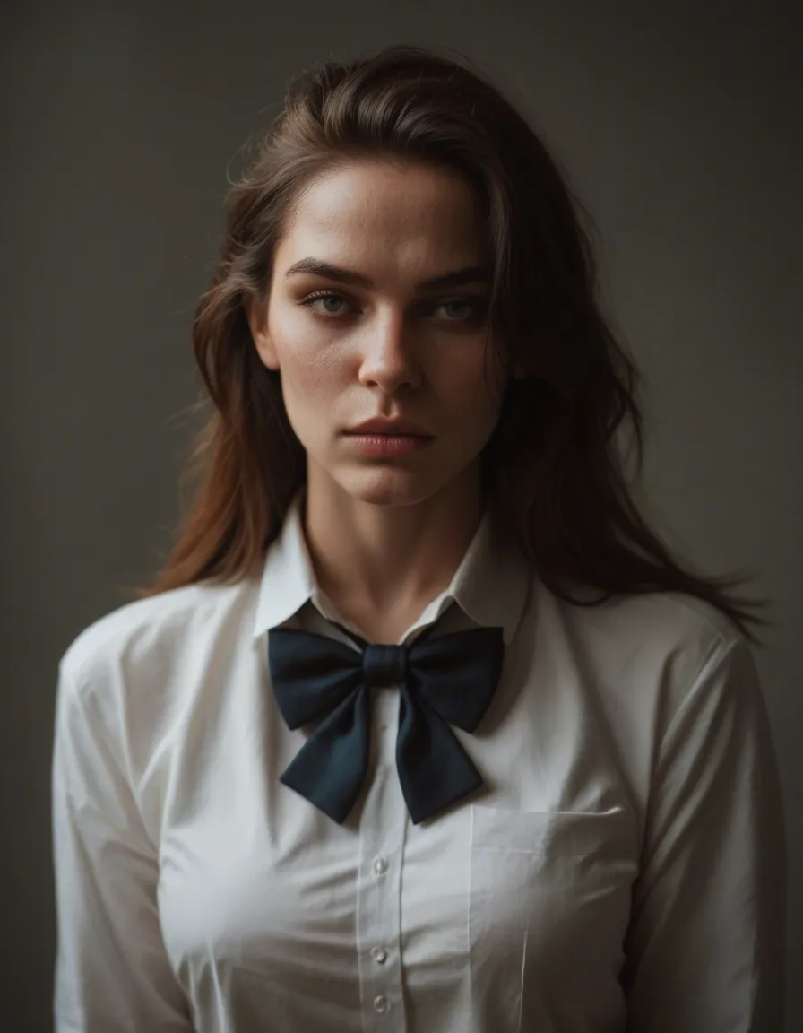 sharp focus, 8k uhd, solo, bowtie, futanari, rim light, dslr quality, score_9, score_8, candid photo, realistic skin texture, visible skin pores, film grain, depth of field