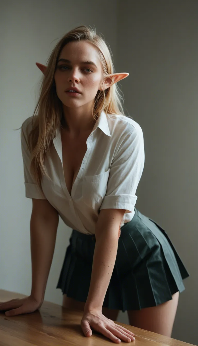 cinematic photo, 8k, elf woman, pleated skirt, doggystyle , dslr quality