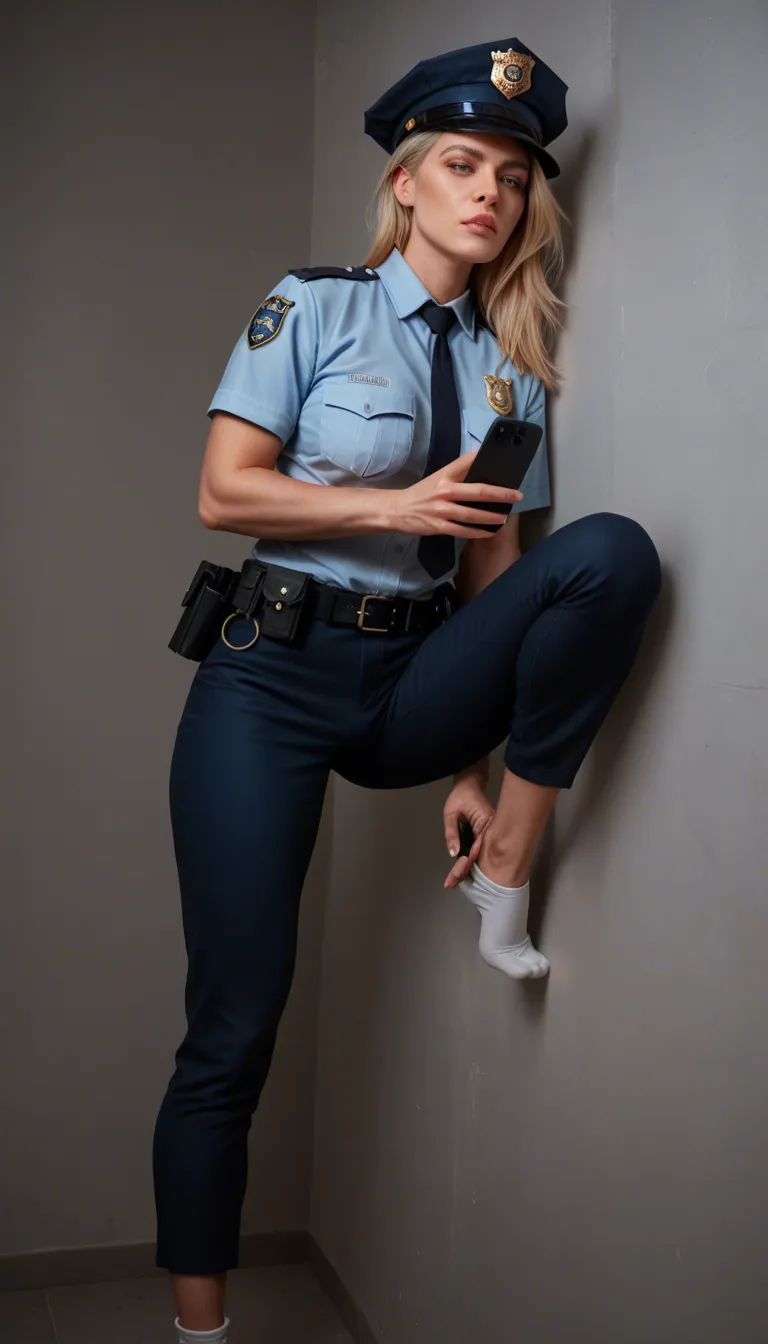 Short blonde mature_female police officer, police_uniform and white socks, black pants on one leg, pink panties on one leg. Female_masturbation, fingering, orgasm, some female_pubic_hair. Sitting in chair, leaning back, spread_legs , behind work desk, at police station. Soft indoor lighting, medium shot, from above.