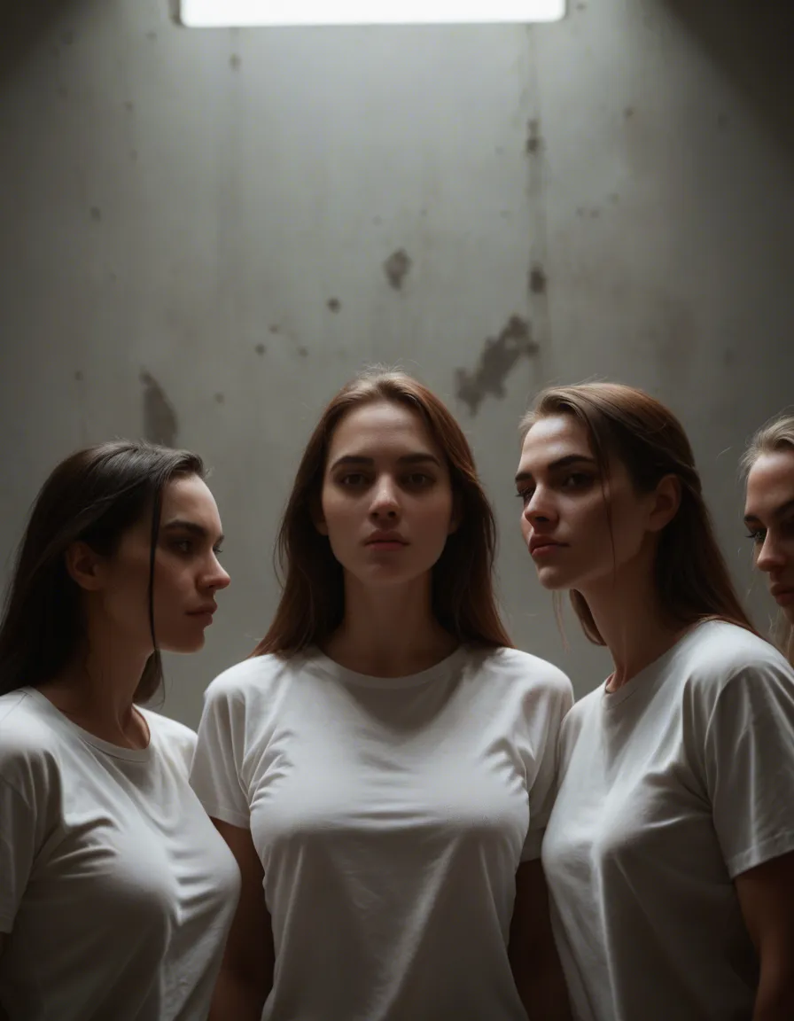 best quality, hyperrealistic, 4girls, white shirt, bondage, soft lighting, score_9, score_8, candid photo, realistic skin texture, visible skin pores, film grain, depth of field