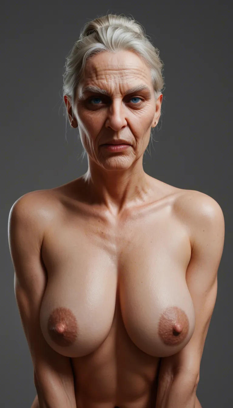 a nude old blonde grandma with a long homely-looking face, big nose, and blue eyes with big natural sagging boobs with oversized areolae and enormous abnormally long, erect nipples is kneeling and stroking a cumming big black uncut cock and laughing and pointing into the camera; Las Vegas penthouse suite at night; wide full body view