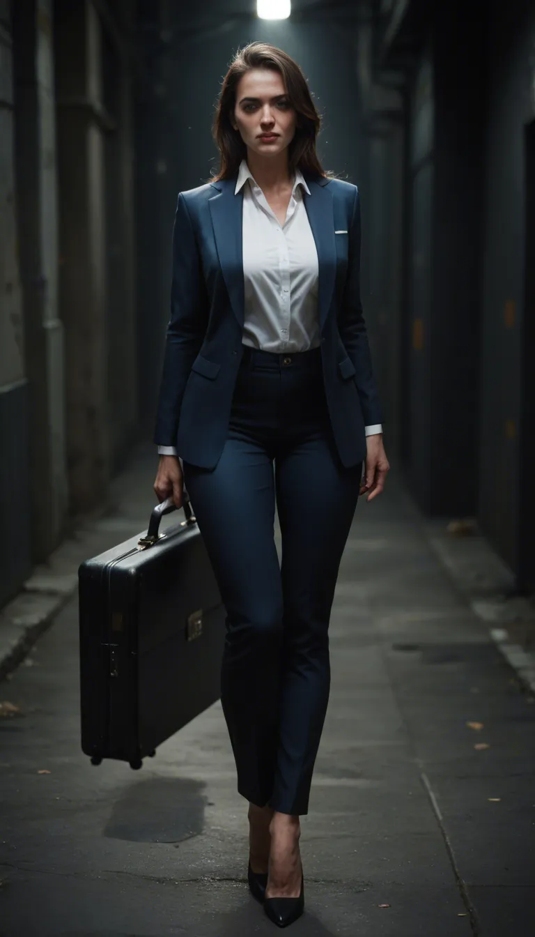 A short brunette mature_female, wearing a dark blue blazer, white collared shirt, dark blue pants, and black heels, with a briefcase, in a jail cell, kneeling, giving an interracial deepthroat blowjob to a man with a large penis. Backlit, photorealistic, sharp focus.