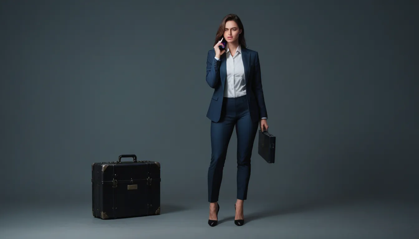 A short athletic brunette mature_female, wearing a dark blue blazer, white collared shirt, dark blue pants, and black heels, with a briefcase, in a jail cell, kneeling, giving an interracial deepthroat blowjob to a man with a large penis. Backlit, photorealistic, sharp focus.