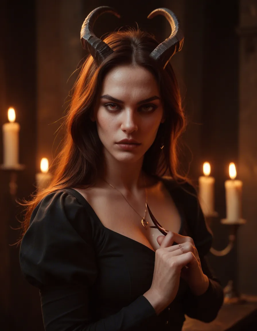 ultra HD, lifelike, succubus, puffy sleeves, futanari, candlelight, cinematic realistic ism, score_9, score_8, candid photo, realistic skin texture, visible skin pores, film grain, depth of field