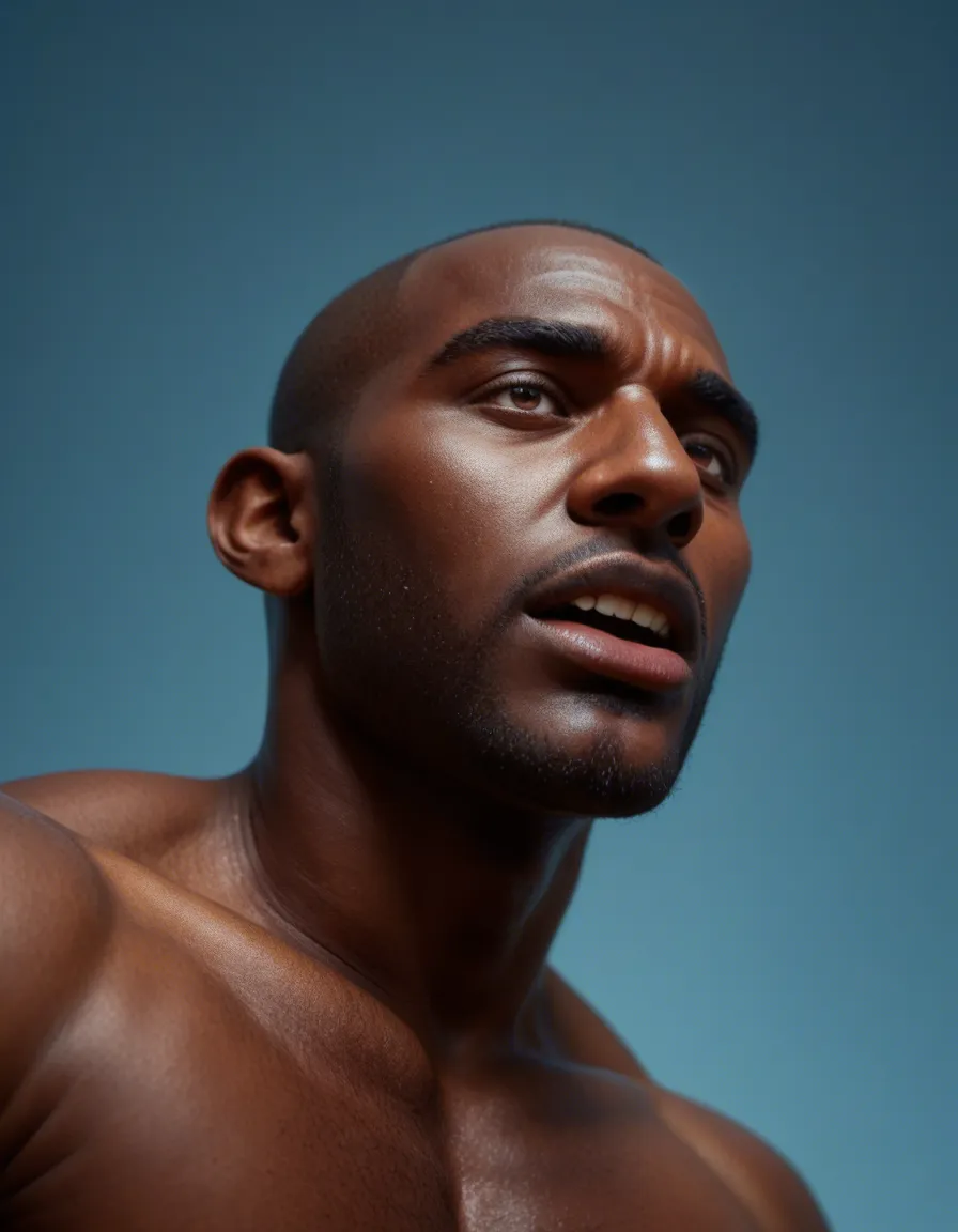 studio quality, sharp focus, low angle, male focus, ahegao, dark skin, blue background, hyperrealistic, score_9, score_8, candid photo, realistic skin texture, visible skin pores, film grain, depth of field
