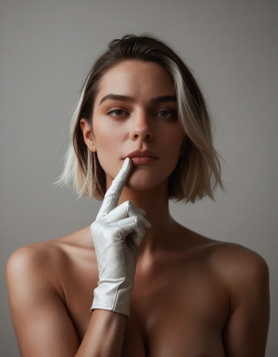 dslr, film grain, photorealistic, couple, two-tone hair, white gloves, presenting, 8k uhd photo, score_9, score_8, candid photo, realistic skin texture, visible skin pores, film grain, depth of field
