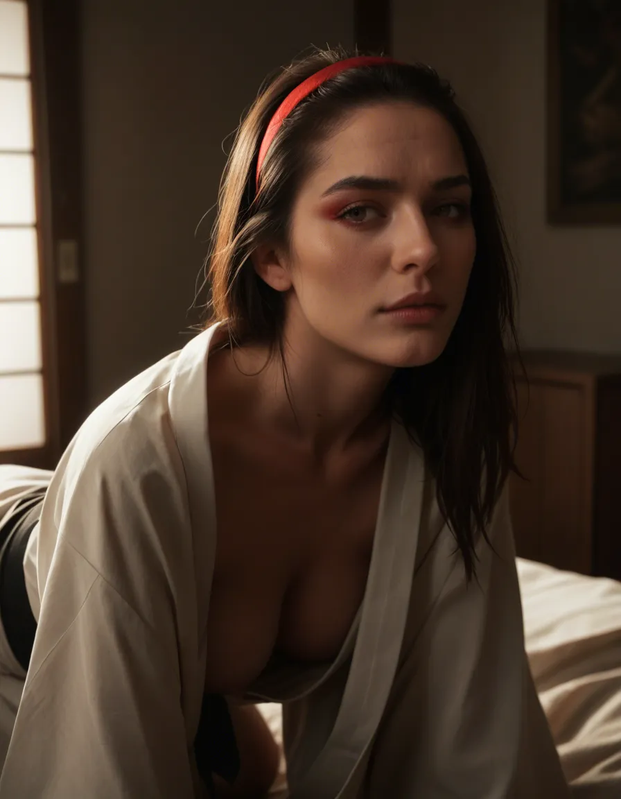best quality, hyperrealistic, succubus, hairband, japanese clothes, doggy style, soft lighting, photorealistic, video, 18 year old old white woman, pale, video, score_9, score_8, candid photo, realistic skin texture, visible skin pores, film grain, depth of field