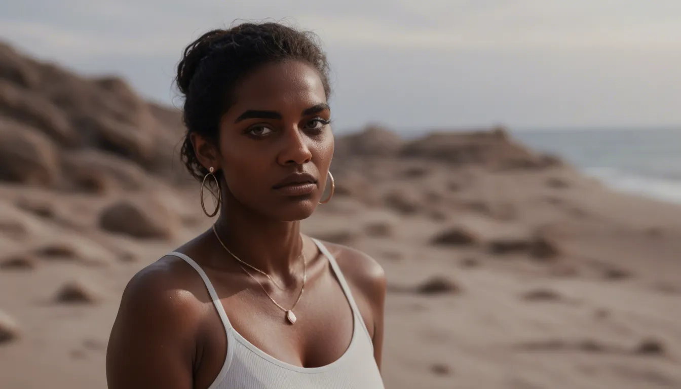 A South Indian dark skinned aunty of age 45 wearing a white cotton saree with a pink cotton blouse and showing her boobs to a grown up bearded man of age 24 wearing a t-shirt and jeans and both are sitting on the sofa in a middle class Tamil home and provide the subtitles what they are talking in english at below of the image