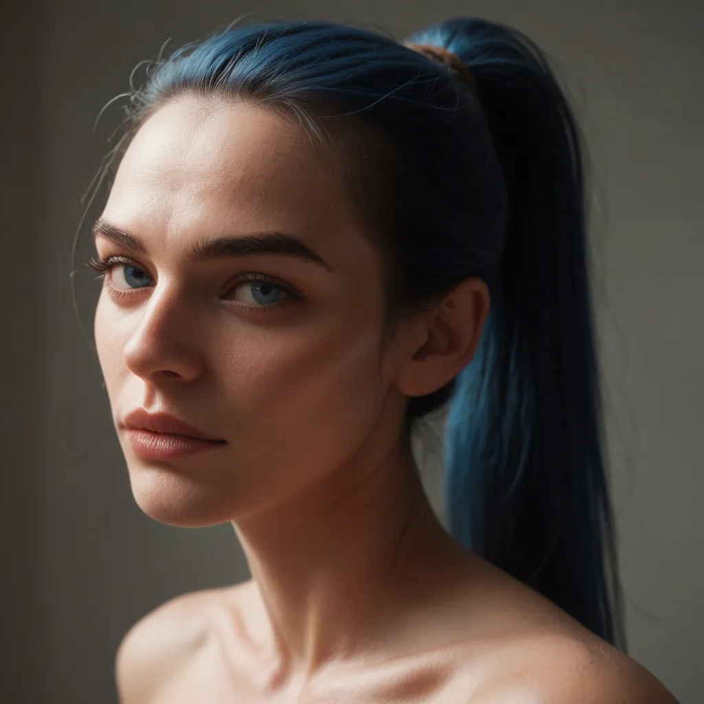 A portrait of a cute nude woman with big expressive dark-blue eyes, a snub nose and dark-blue hair that are tied to a ponytail. She is pessing her face against a glass wall of a shower cabin, touching the glass with her lips and with the tip of her nose that is bent upwards. huge black dildo inside her mouth that she takes down her throat. That dildo is inserted to its base, visibly bulging her cheeks and throat. She holds her hands behind her head as if she tries to push herself even more against the glass.