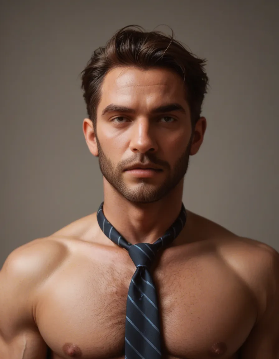 8k, sharp focus, detailed skin, male focus, ahoge, necktie, fully nude, dslr quality, score_9, score_8, candid photo, realistic skin texture, visible skin pores, film grain, depth of field