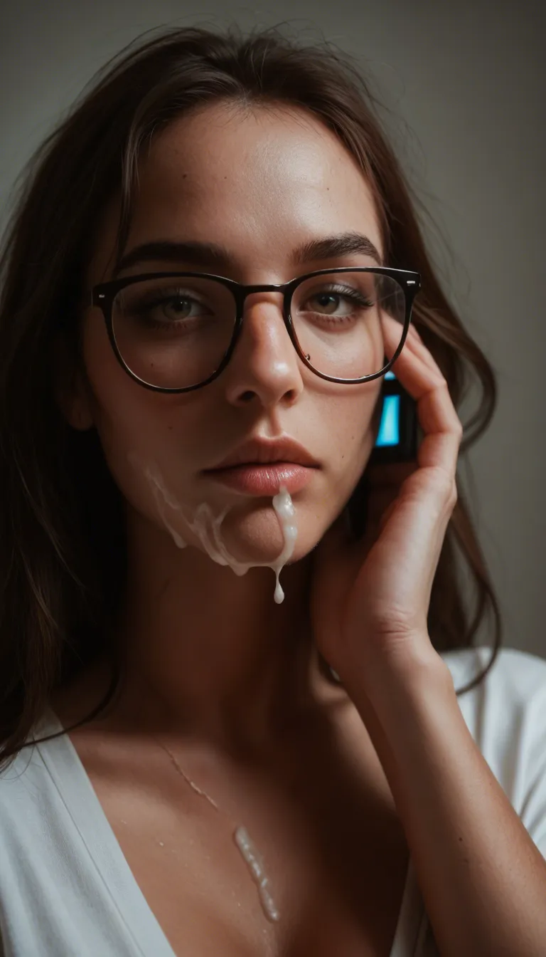 ultra HD, lifelike, wide shot, 1woman , cum on face, glasses, cloud, seductive look, photorealistic