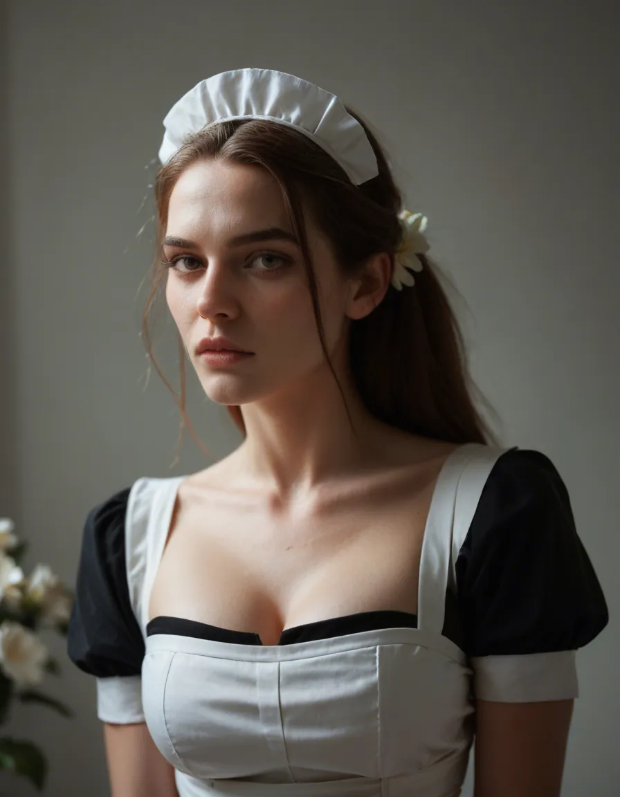 RAW photo, ultra realistic, maid, flower, bondage, score_9, score_8, candid photo, realistic skin texture, visible skin pores, film grain, depth of field