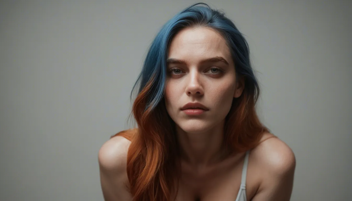 dslr, film grain, photorealistic, redhead woman, blue hair, panties, presenting, cinematic realism, score_9, score_8, candid photo, realistic skin texture, visible skin pores, film grain, depth of field