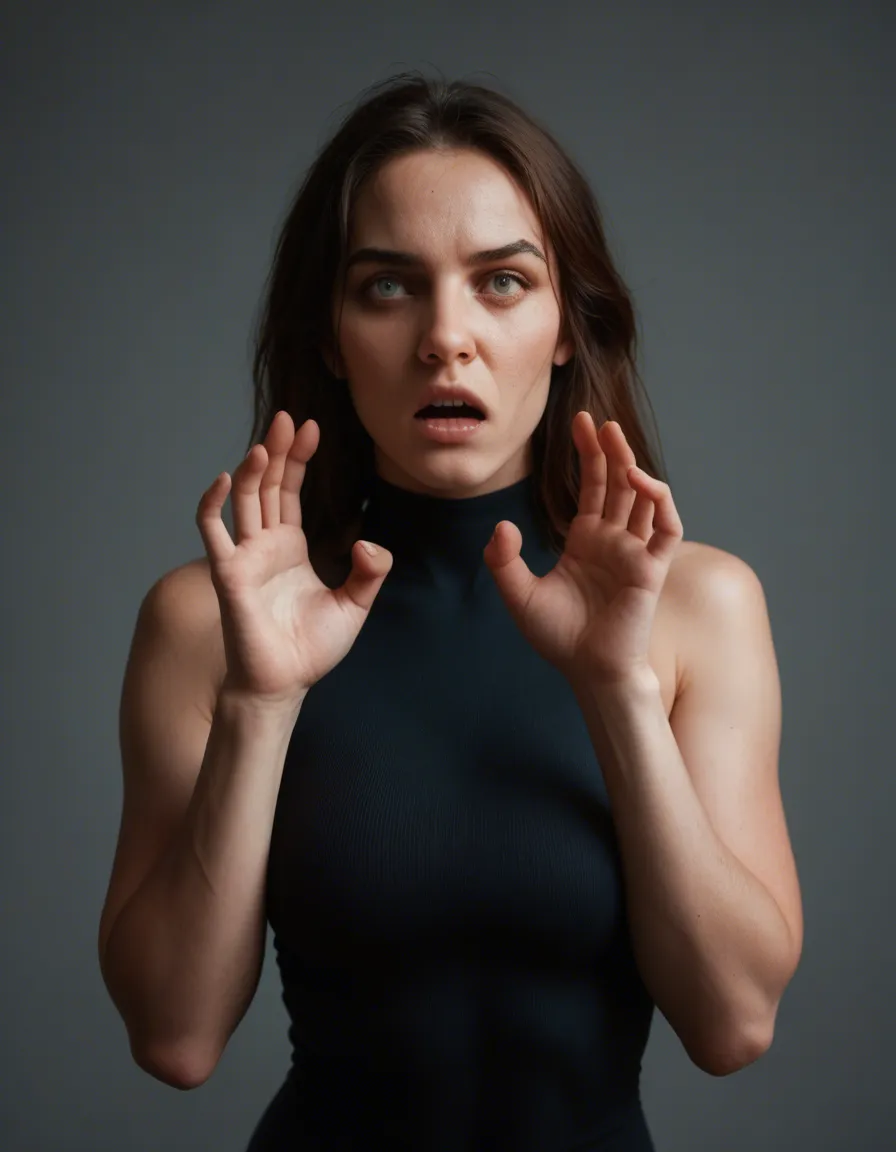 tight_clothes with best boobs in eyes full scared bending pose, score_9, score_8, candid photo, realistic skin texture, visible skin pores, film grain, depth of field