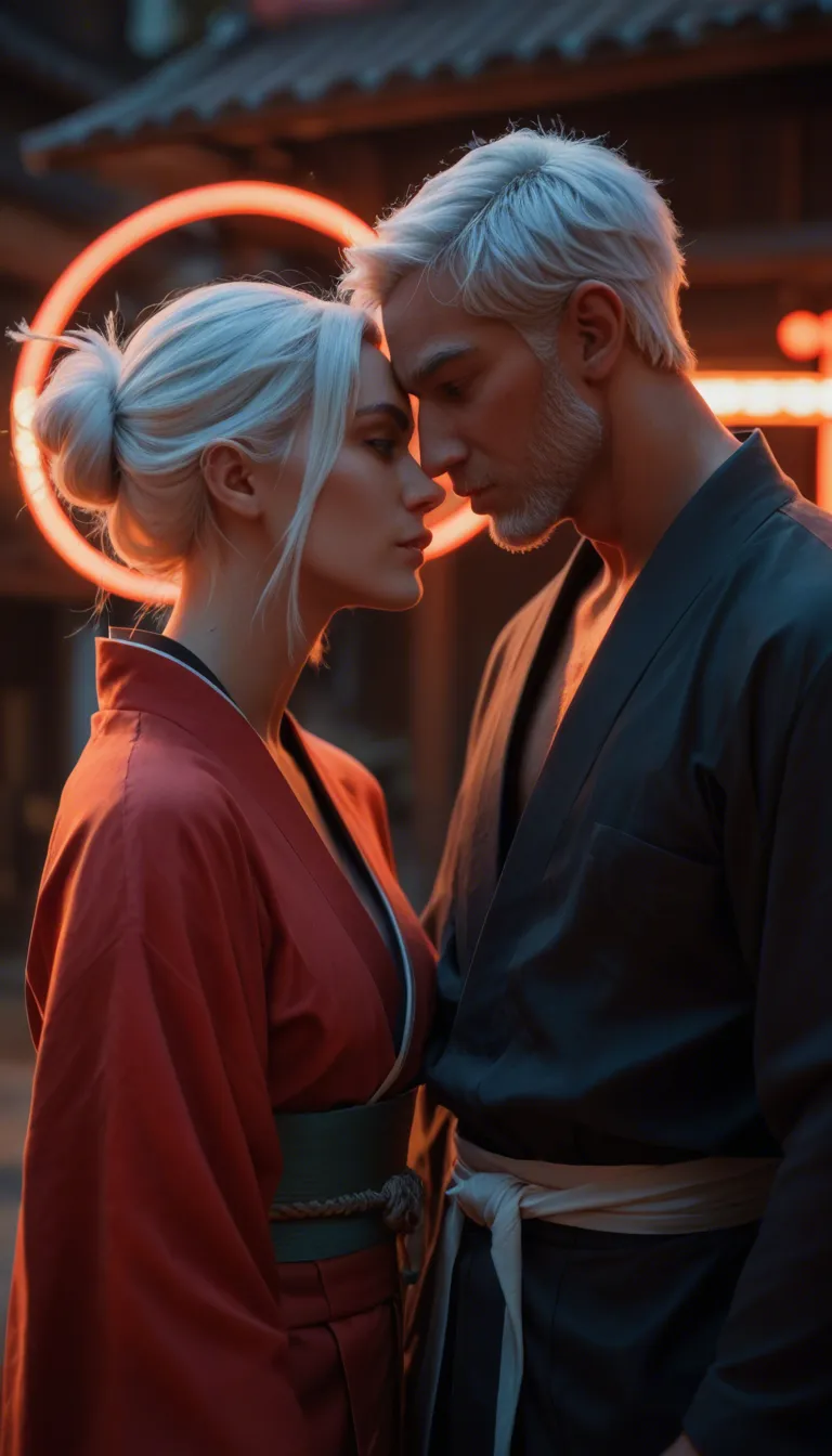 ultra HD, lifelike, couple, white hair, japanese clothes, tentacle, neon glow, 8k uhd photo