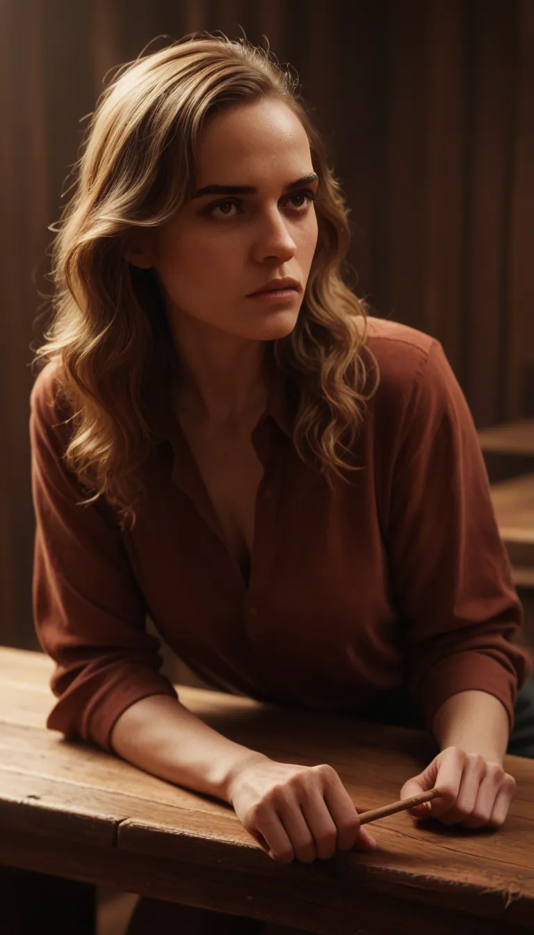 Object_insertion, petite, Hermione Granger from the movie, sits on a wooden table, wooden wand in right hand, pushing her wooden wand deep into her vagina, red lingerie, solo show