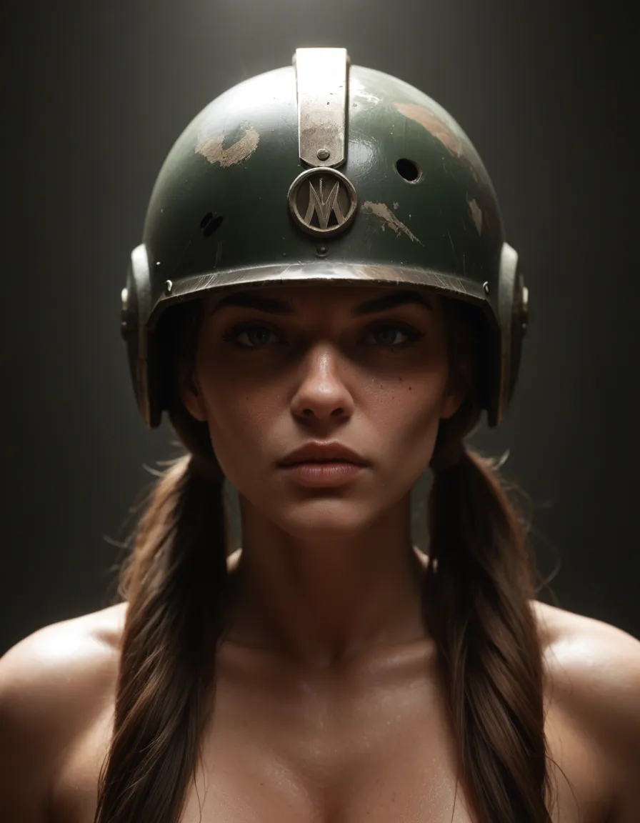 Massive macromastia natural soft tits heroine with helmet and brown pigtails is getting fucked by a large-cocked villain., score_9, score_8, cinematic film still, anamorphic, film grain, dramatic lighting, shallow depth of field