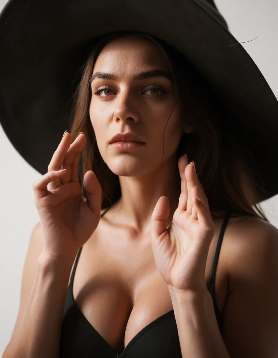 best quality, hyperrealistic, wide shot, witch, presenting, hands up, white background, film photography, score_9, score_8, candid photo, realistic skin texture, visible skin pores, film grain, depth of field