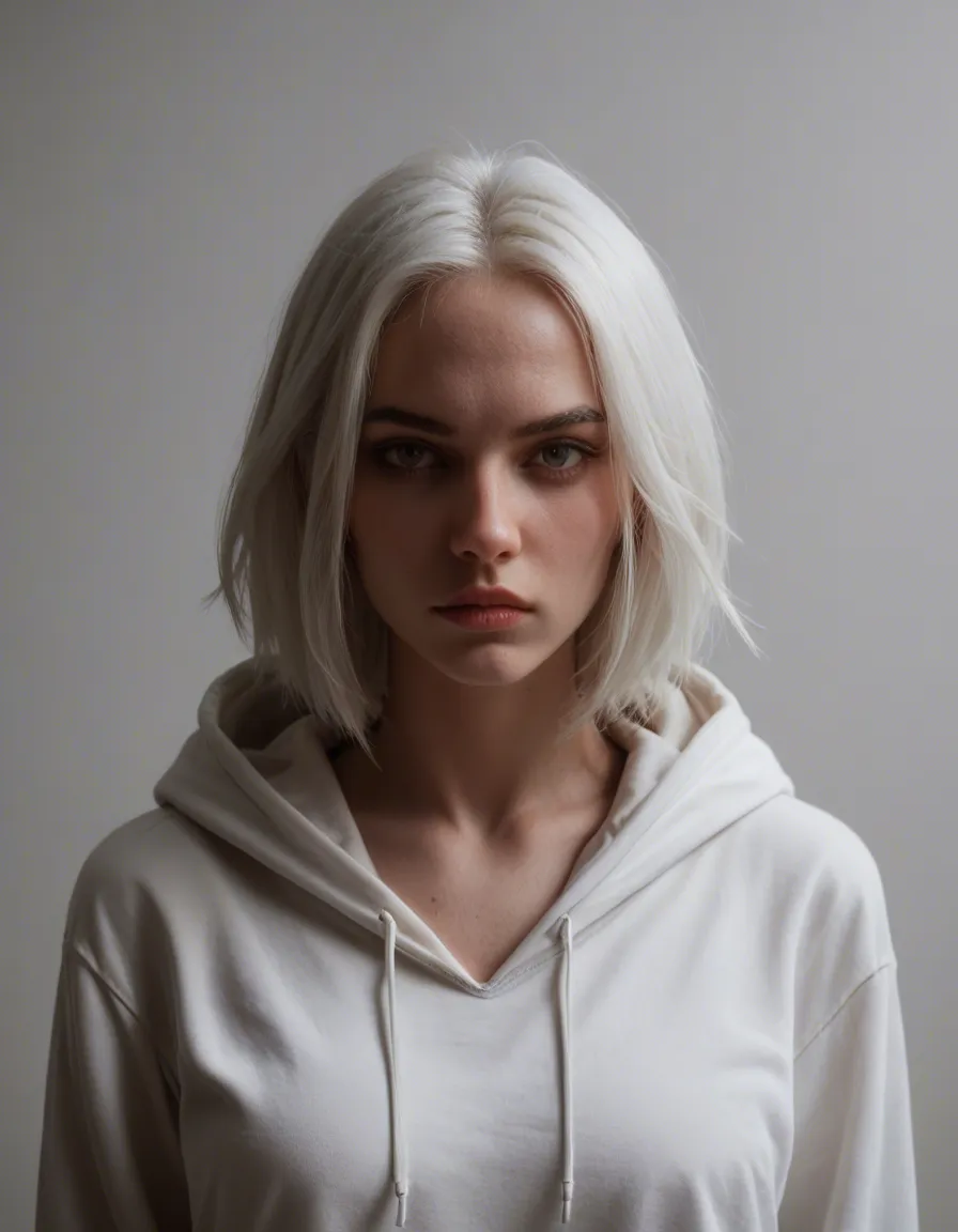 view from ground, standing female, expressionless, short white hoodie, short white hair, white skin, naked from waist down, looking down at viewer, front view, score_9, score_8, candid photo, realistic skin texture, visible skin pores, film grain, depth of field