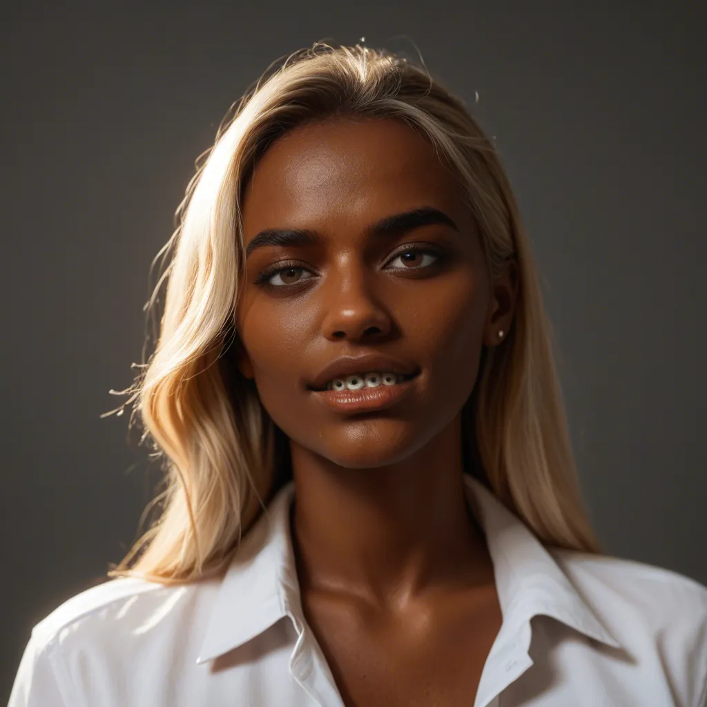 sharp focus, 8k uhd, solo focus, dark-skinned female, collared shirt, presenting, transparent background, dramatic lighting, cinematic realism. Big boobs. Blonde. 18-21. Braces., score_9, score_8, candid photo, realistic skin texture, visible skin pores, film grain, depth of field
