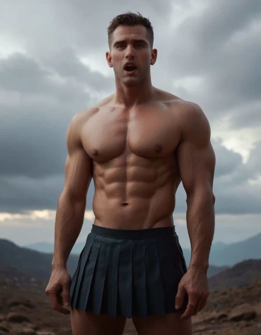 cinematic photo, 8k, male focus, muscular, pleated skirt, ahegao, cloudy sky, dslr quality, score_9, score_8, candid photo, realistic skin texture, visible skin pores, film grain, depth of field