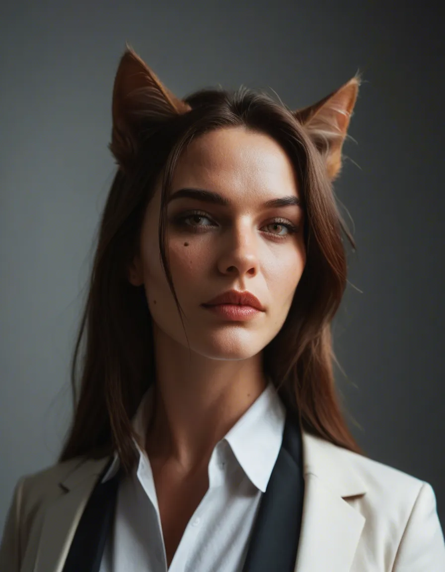 professional photo, high detail, dutch angle, catgirl, futanari, mole, cinematic realism, score_9, score_8, candid photo, realistic skin texture, visible skin pores, film grain, depth of field