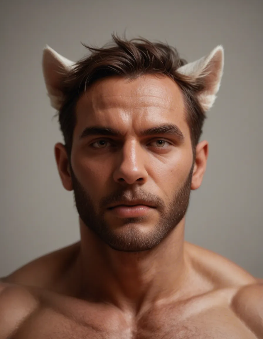 sharp focus, 8k uhd, extreme close-up, male focus, fully nude, animal ears, studio photo, score_9, score_8, candid photo, realistic skin texture, visible skin pores, film grain, depth of field