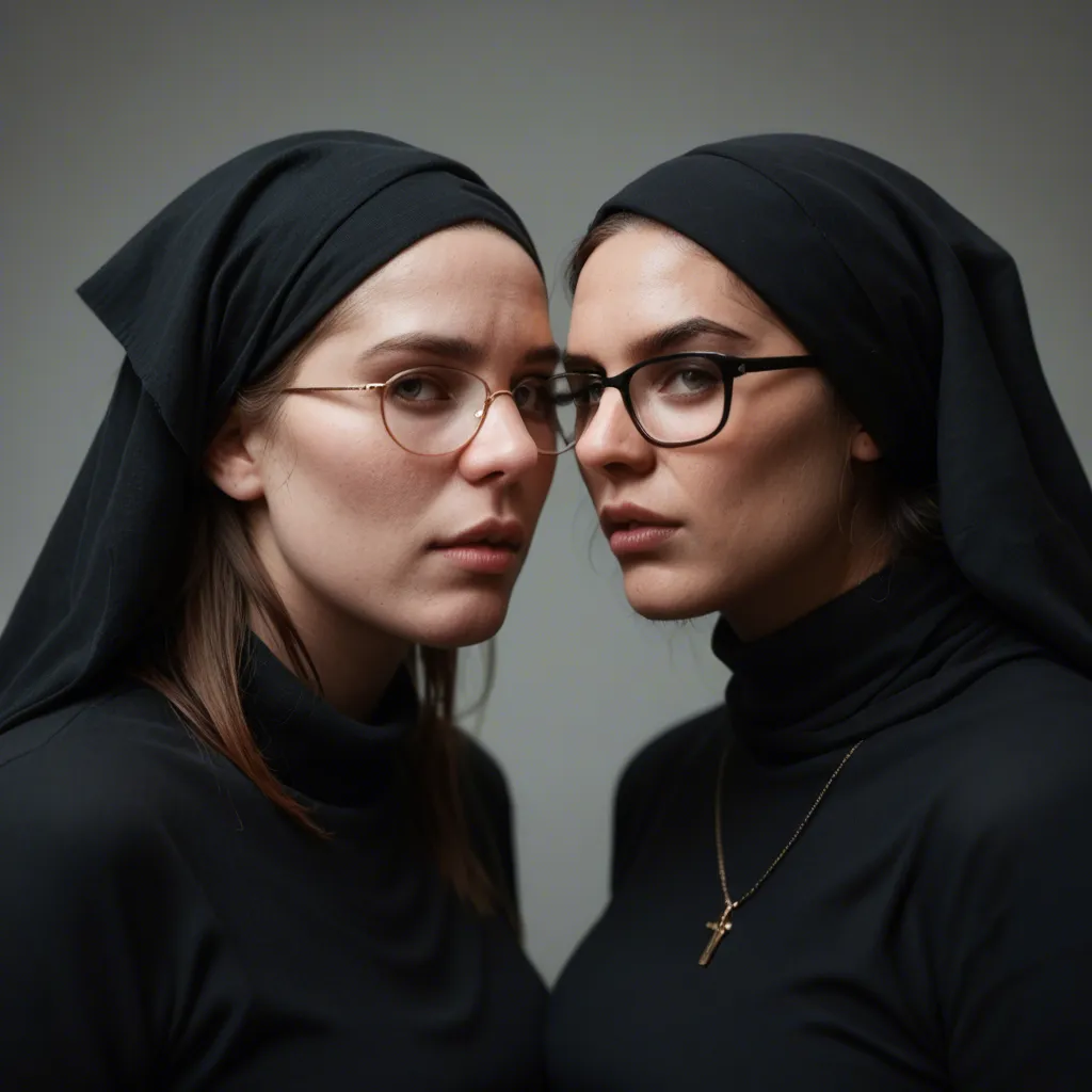 Two ultraorthodox religious Jewish chubby women, heads covered by headscarves, their hair wrapped by black headscarves, glasses, pantyhose, big tits, hairy pussy, moaning, lesbian sex, pussy licking, cunnilingus, 2girls, girl, licking, pussy,