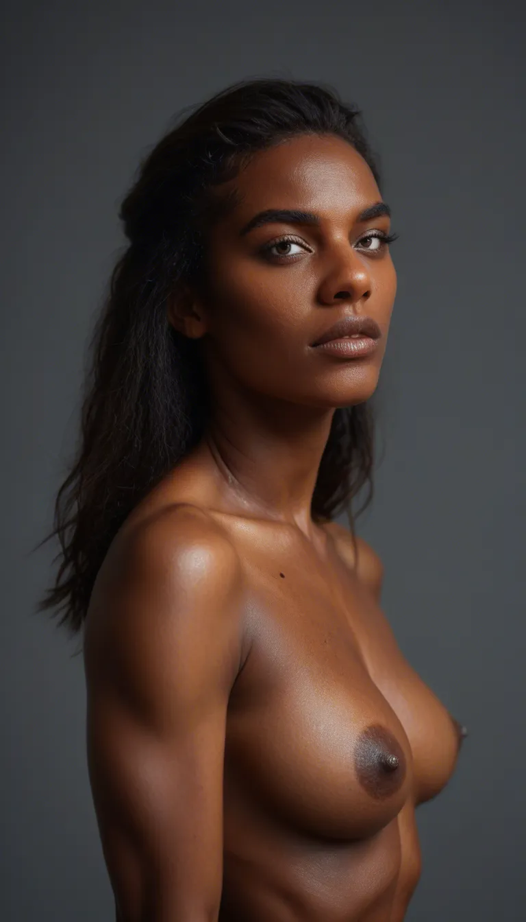 8k, sharp focus, detailed skin, solo focus, dslr quality, black-skinned woman, perfect bone structure, ghetto-esque face and hair, perfect toned glistening armpits, perfect pubic hair, soft but perfectly toned torso