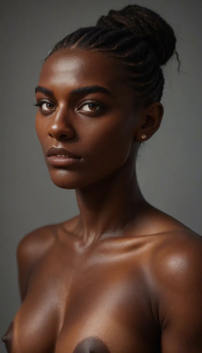 8k, sharp focus, detailed skin, solo focus, dslr quality, african woman, perfect bone structure, ghetto-esque face and hair, perfectly shaved toned glistening armpits, perfect pubic hair, soft but perfectly toned torso
