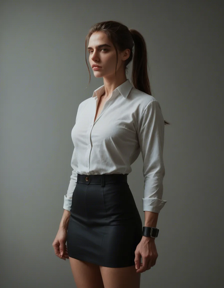 studio quality, sharp focus, male focus, ponytail, skirt, bondage, photorealistic, score_9, score_8, candid photo, realistic skin texture, visible skin pores, film grain, depth of field