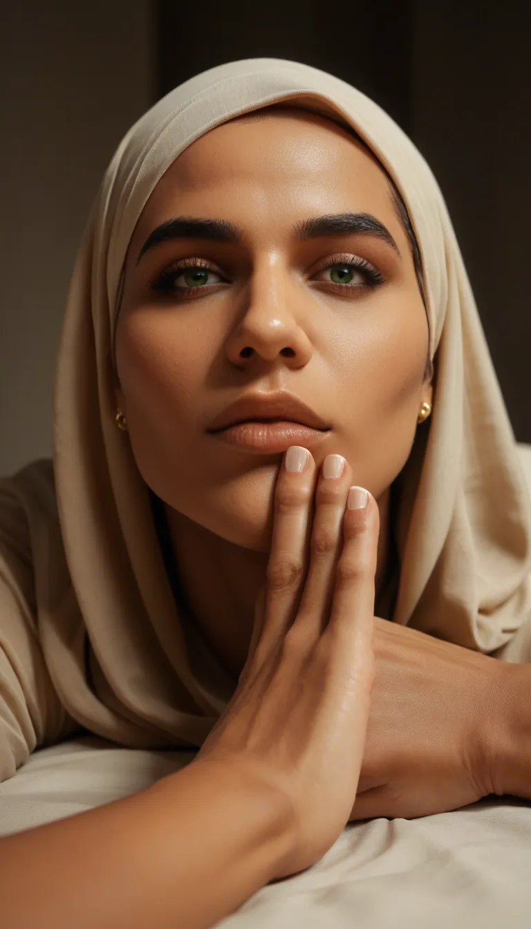 cinematic photo, 8k, close-up, hijab, scrunched foot_focus , feet on bed, submissive and distraught, green french tips toes.