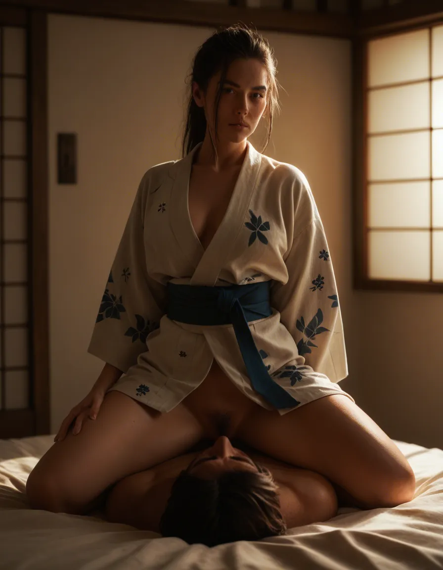 highly detailed, natural lighting, 3women, japanese clothes, facesitting, spotlight, lifelike render, score_9, score_8, candid photo, realistic skin texture, visible skin pores, film grain, depth of field