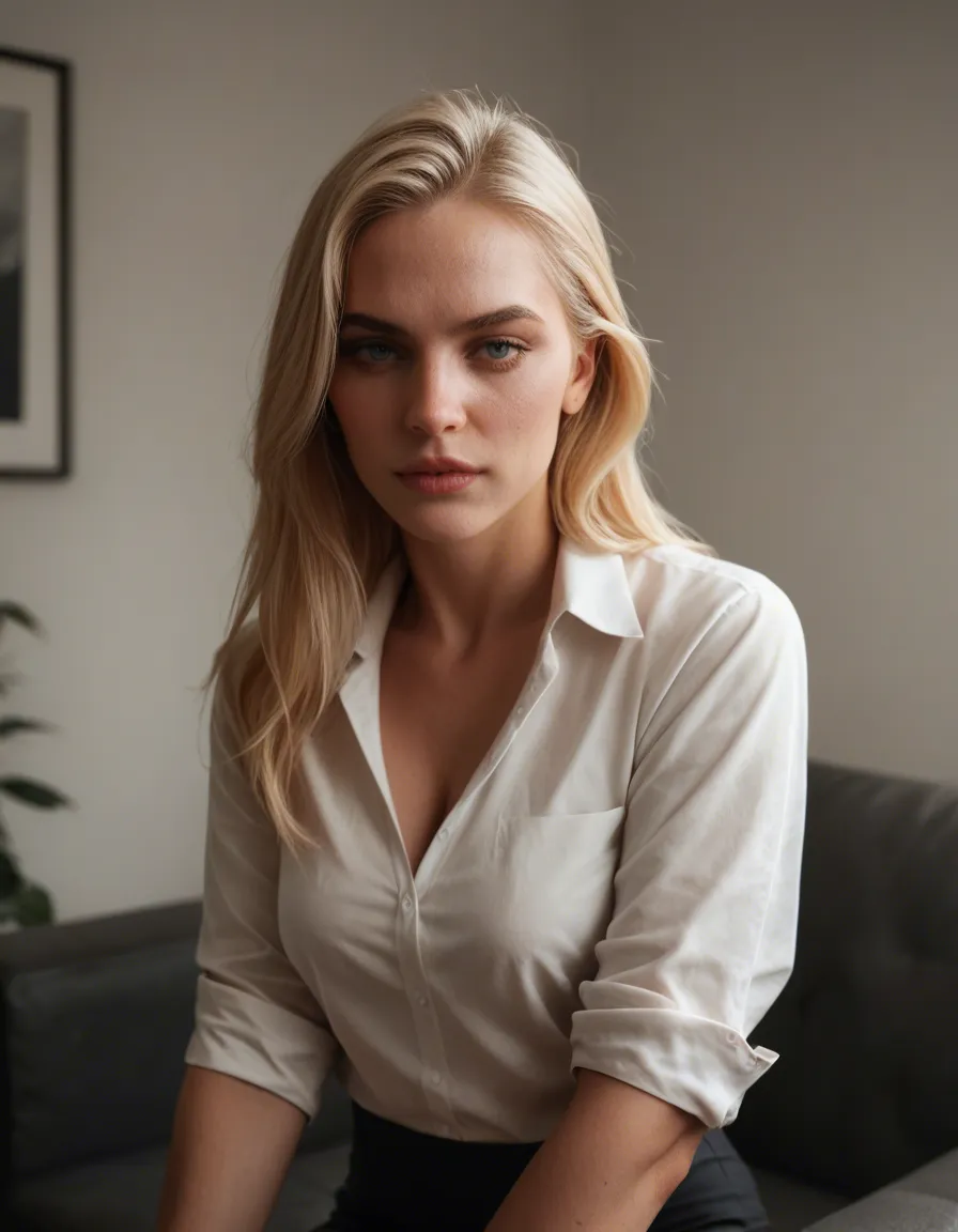 Sexy blonde secretary lays on office couch, score_9, score_8, candid photo, realistic skin texture, visible skin pores, film grain, depth of field