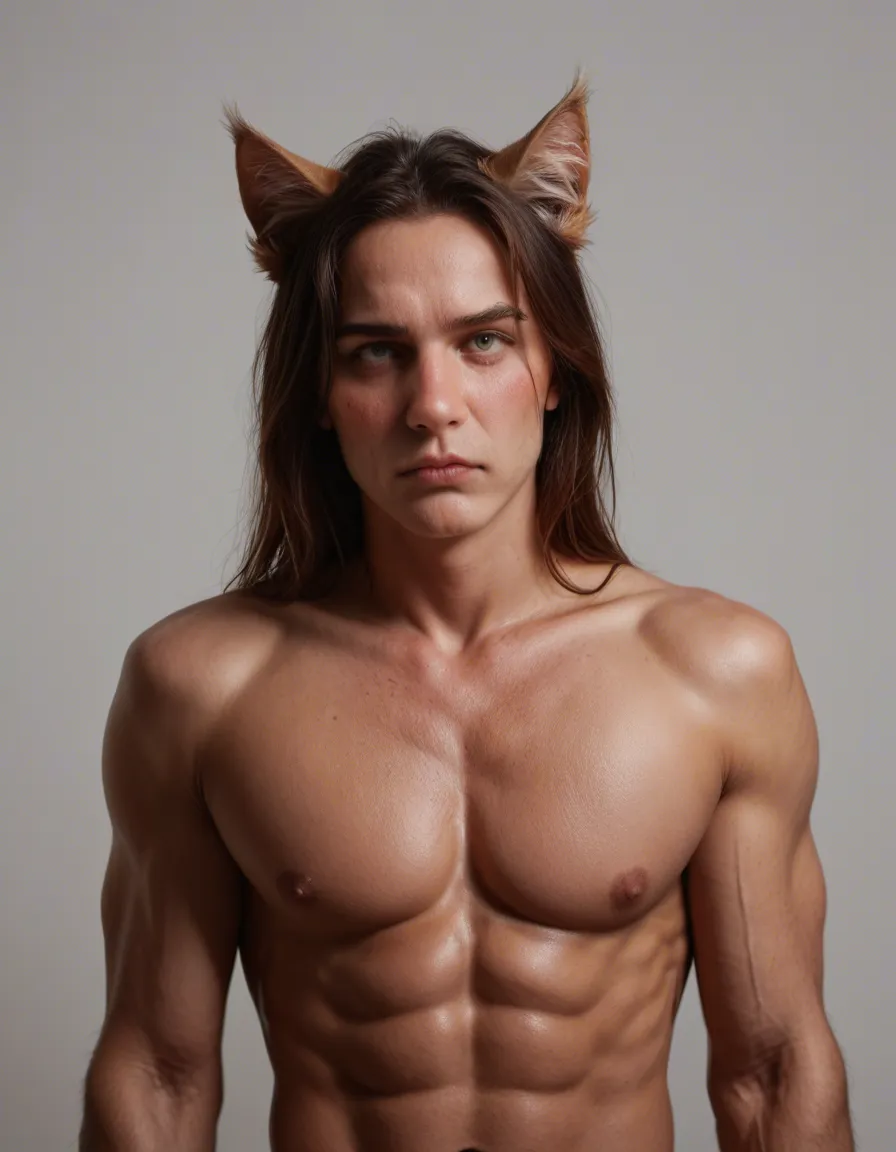 studio quality, sharp focus, catgirl, bondage, muscular male, simple background, nervous blush, photorealistic, score_9, score_8, candid photo, realistic skin texture, visible skin pores, film grain, depth of field