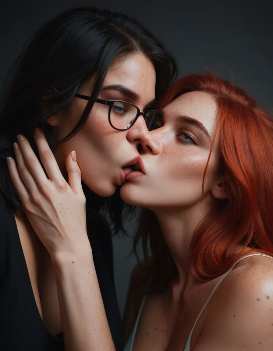 two girls french kissing. girl one has short black hair, freckles, glasses, blue eyes and is 21 years old.
girl two has long red hair, blue eyes, freckles, glasses and is 20 years old, score_9, score_8, candid photo, realistic skin texture, visible skin pores, film grain, depth of field