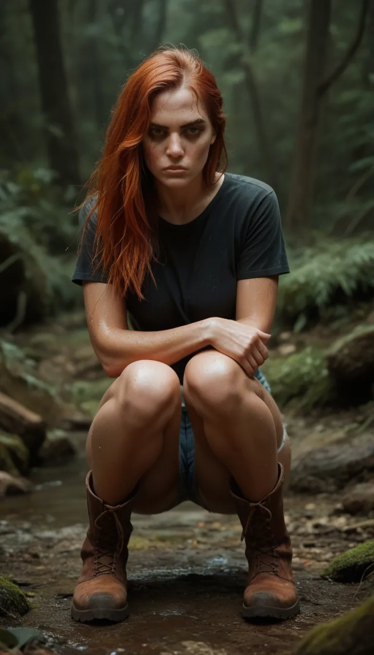 high quality, 8k, fine details, her shorts and panties are down around her knees, Andorran, curvy, Boots, bored, redhead wet hair Apocalyptic 90s style photo. 40 year old gorgous woman shipwrecked on a beach  with a sexy body and big breast, her shirt is tight and a little worn out from being shipwrecked with it pulled down off her breast. Shes on her hands and knees next to a fire pit being fucked in the ass,  by a man with a hige penis. shes covered in sweat and cum.