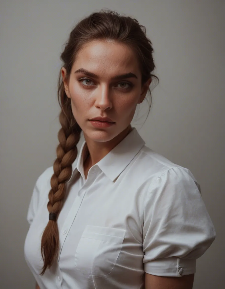 professional photo, high detail, 1girl, single braid, puffy sleeves, fully nude, dslr quality, score_9, score_8, candid photo, realistic skin texture, visible skin pores, film grain, depth of field