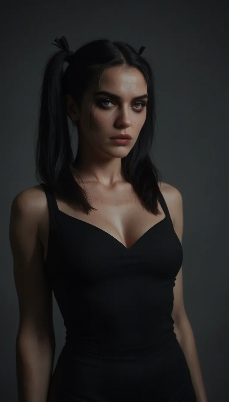 Professional studio porn video, aesthetic video shoot, cinematic, detailed face, video of a skinny goth woman, medium breasts, black hair, pigtails with ribbons, fully nude, feminine facial features, goth makeup, blue eyes, giving rapid intense blowjob, she sucks dick back and forth quickly, lips tight around cock, saliva dripping, realistic penis, black fingernails, she hold penis with one hand while sucking, kneeling, side view, eye contact with viewer
