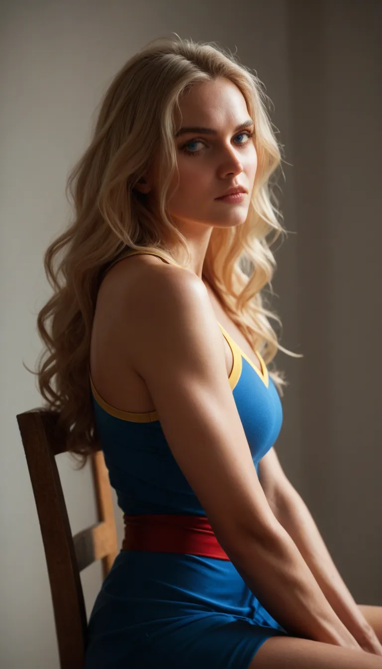 A realistic woman in a supergirl top, with very long blonde wavy hair and blue eyes, sitting in achair facing me, her arms are tied to the chair, her tits are large and tightly pressed against the uniform, she is wearing black sheer pantyhose on her legs and black steletto heels, shoe slowly opens her legs wide to voew her crotch.