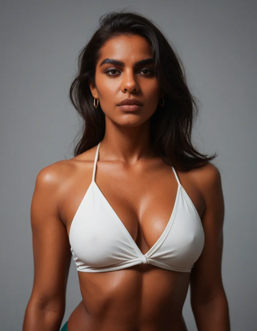 Indian bhabhi sexy pose show breasts, score_9, score_8, candid photo, realistic skin texture, visible skin pores, film grain, depth of field
