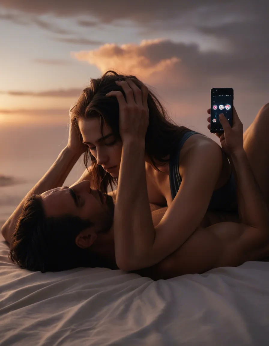ultra HD, lifelike, couple, arms up, detached sleeves, 69 position, cloudy sky, hyperrealistic.    sex_from_behind and front, score_9, score_8, amateur photo, phone snapshot, realistic skin texture, skin blemishes, soft indoor lighting
