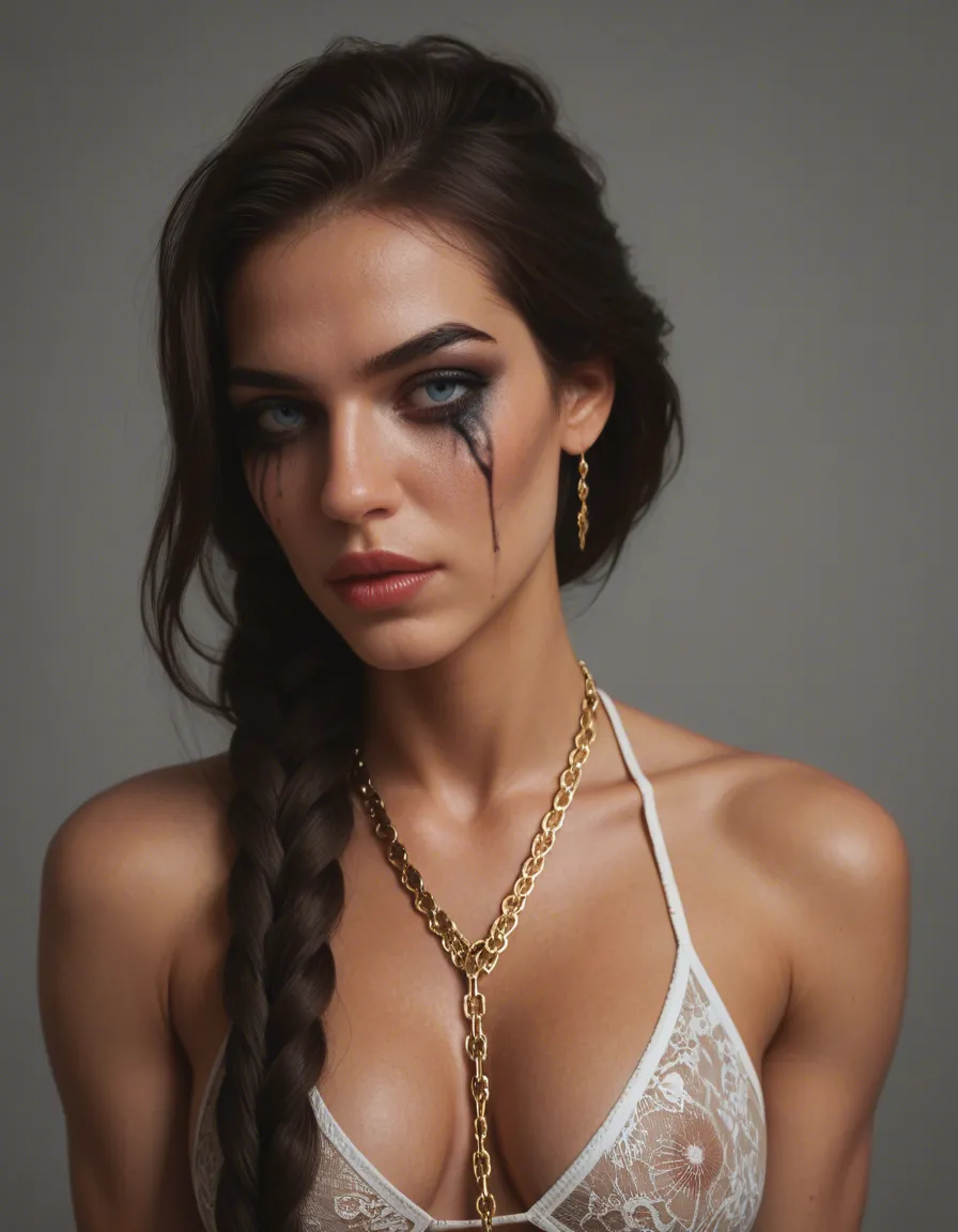 White skin, Spanish, brunette, bright makeup, professional makeup, very long straight hairstyle with a high braid, natural BRUNETTE, 18 years old, very beautiful, blue eyes, gold chains Skinny, Anorexia, ((((massive saggy tits)))), transparent lace silk black pareo with scarlet roses, bends over beds, against the background of a night pool, full body view, looking at the viewer, rope, bondage, sex machine, 1 girl, legs spread, motionless, restraints, clitoris, pussy, open pussy, cream pie, breasts, cutout, clothing, nipples, perfecteyes, 1D, seamless, pantyhose, 20D, legs, up, spread, sitting, <lora:2BoutOvalSDXL2-000002:.5>, <lora:lora-sdxl-perfect-eyes:.5>, score_9, score_8, candid photo, realistic skin texture, visible skin pores, film grain, depth of field