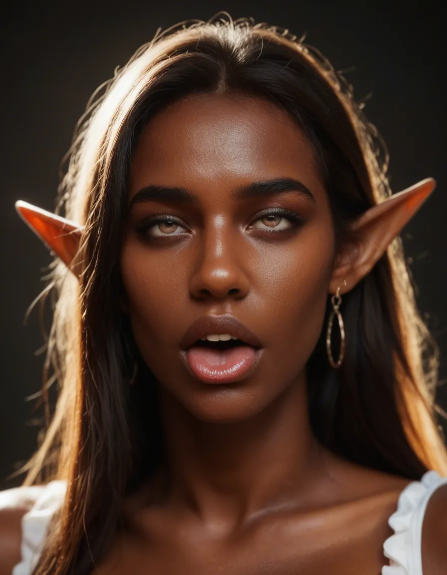 sharp focus, 8k uhd, elf woman, dark skin, frills, ahegao, hyperrealistic, score_9, score_8, candid photo, realistic skin texture, visible skin pores, film grain, depth of field