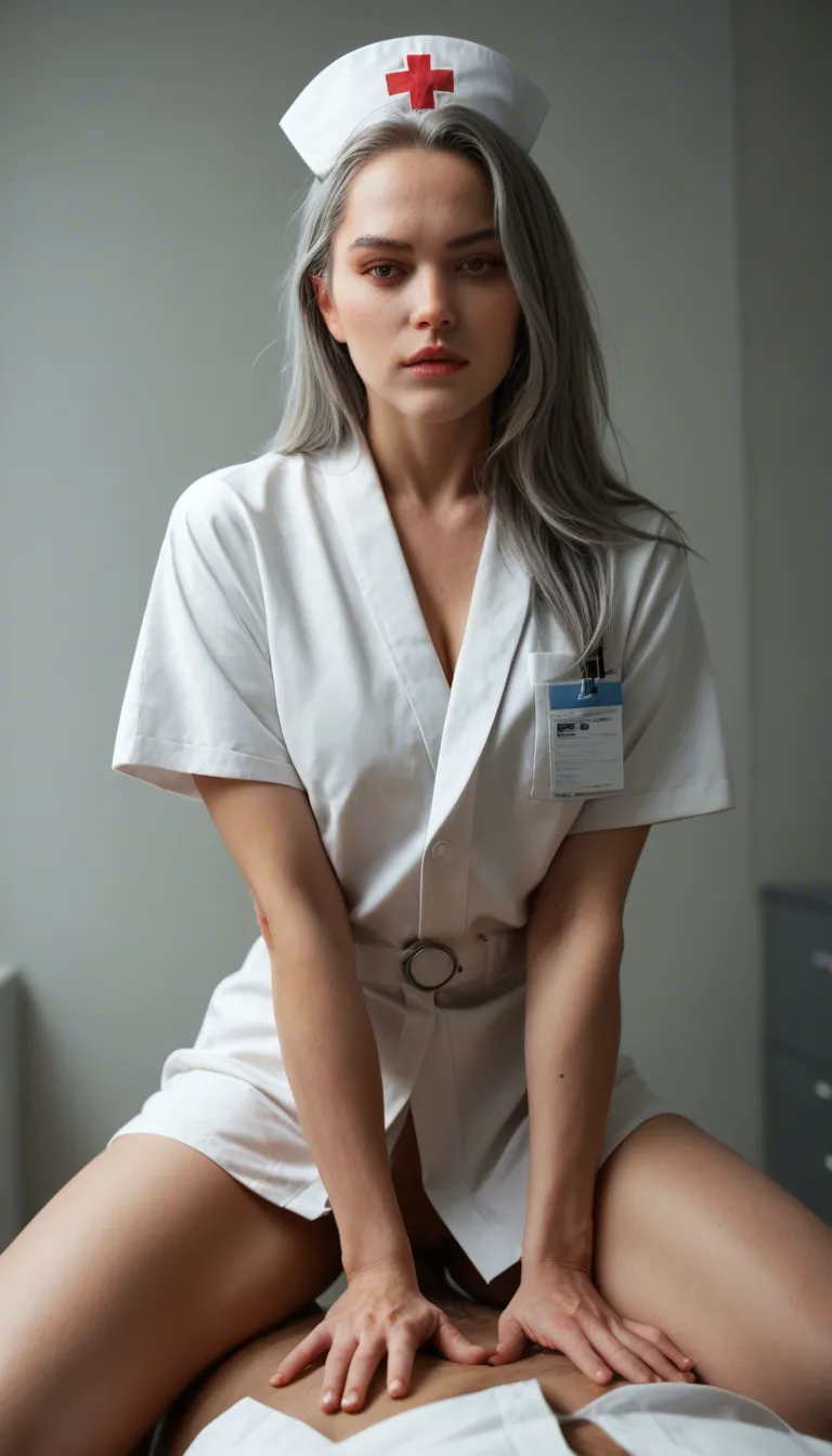 professional photo, high detail, nurse, grey hair, japanese clothes, straddling, rim light, studio photo